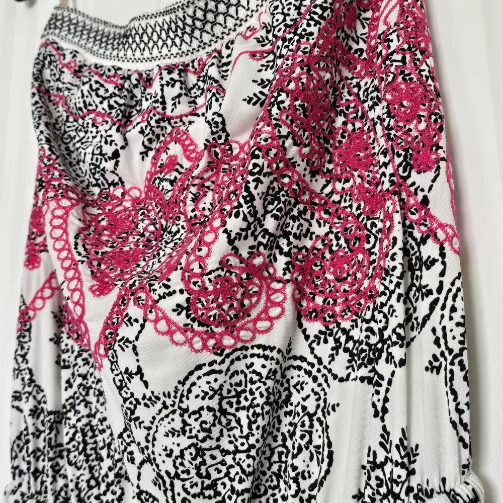 Hale Bob Strapless Maxi Dress Black White Paisley Pink Embroidered Drawstring S - Picture 13 of 14